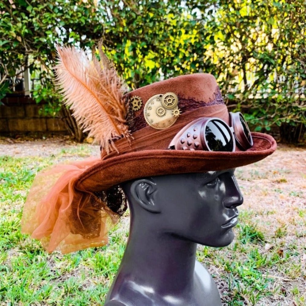 Victorian Steampunk Feather Lace Women Top Hat Dark Lens Goggles Party Costume